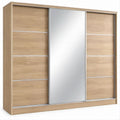 Schwebetürenschrank in Eiche Natur mit Spiegel und Aluminiumleisten, 250 x 62 x 215 cm