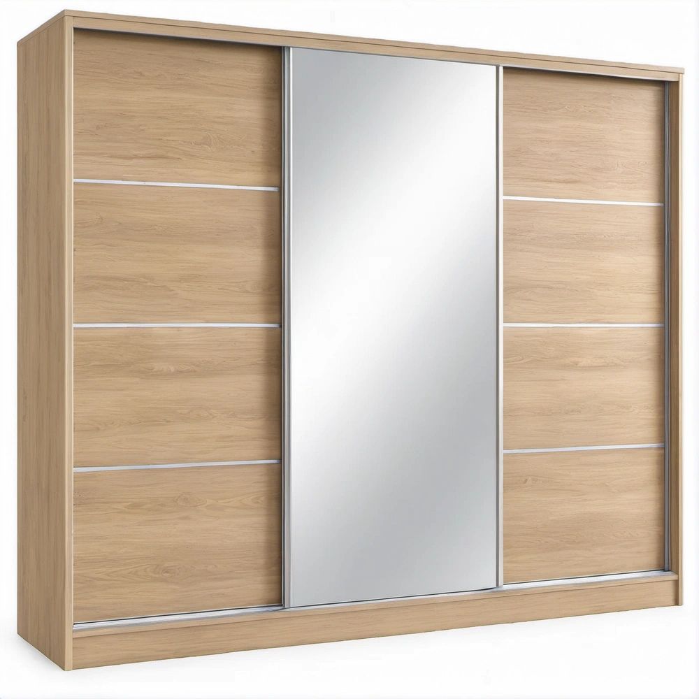 Schwebetürenschrank in Eiche Natur mit Spiegel und Aluminiumleisten, 250 x 62 x 215 cm