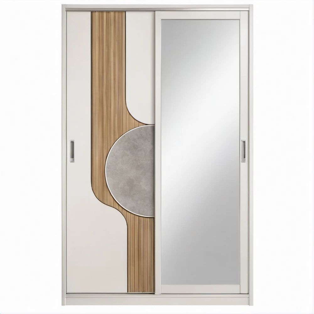 Schwebetürenschrank mit Spiegel und Dekorfront, Weiß/Naturbraun/Grau/Silber, 120 x 200 x 60 cm