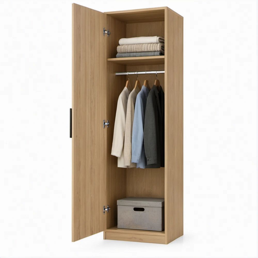 Kleiderschrank in Eiche Natur mit schwarzem Griff, Drehtür, Kleiderstange und Einlegeboden, 60 x 50 x 180 cm