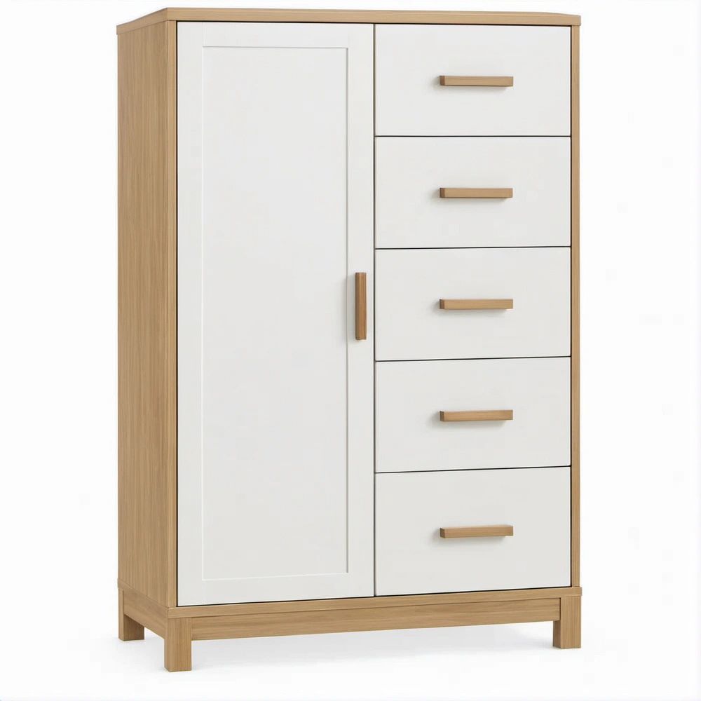 Kleiderschrank mit 1 Tür und 5 Schubladen, Weiß/Eiche, 90 x 50 x 180 cm