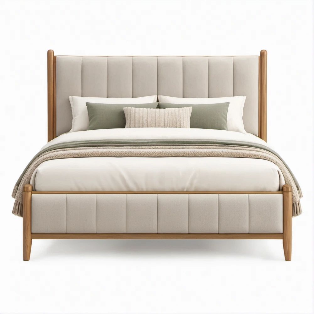 Gepolstertes Doppelbett 160 x 200 cm aus Massivholz in Beige/Naturholz