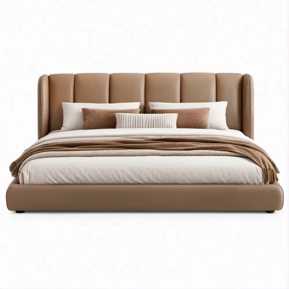 Gepolstertes Doppelbett aus PU-Kunstleder, Taupe, Liegefläche 180 x 200 cm