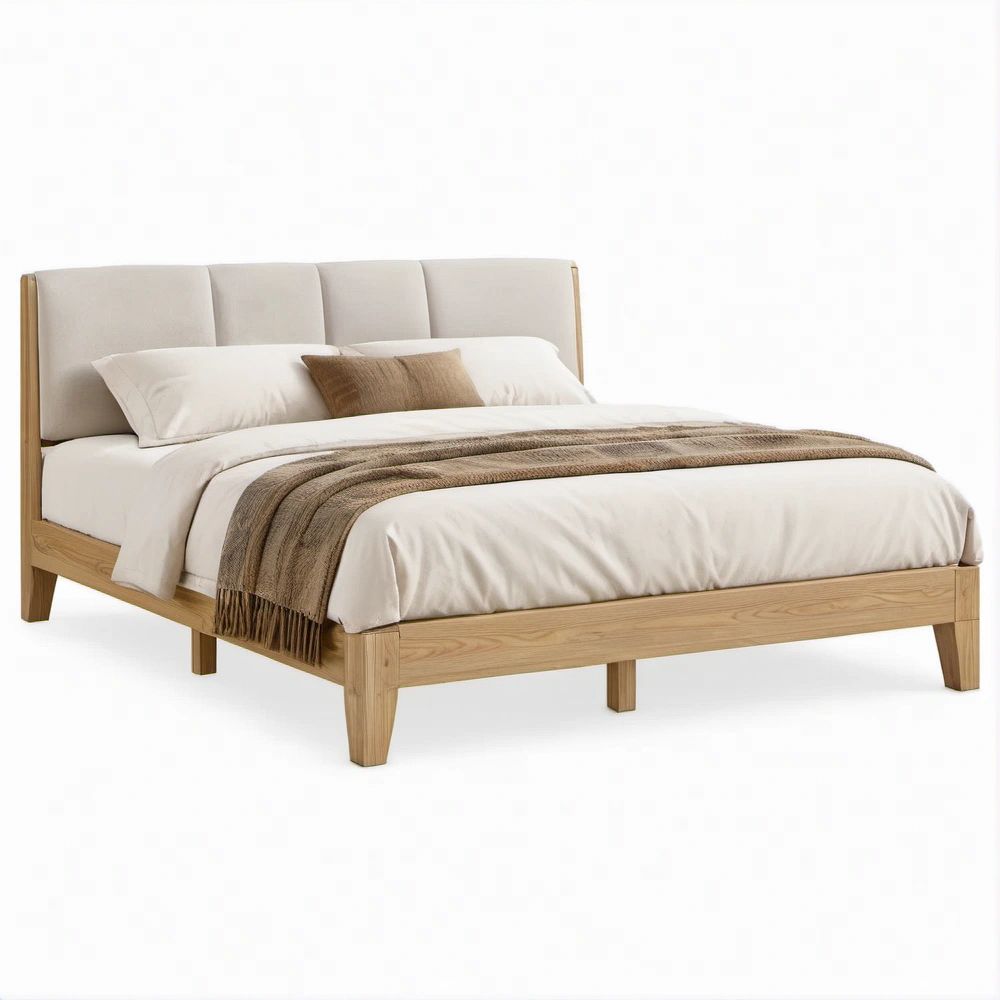Doppelbett aus massivem Eichenholz in Naturholz/Beige, Liegefläche 180 x 200 cm, Außenmaße 190 x 215 x 105 cm