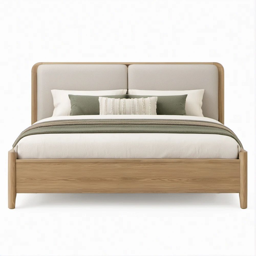 Doppelbett 180 x 200 cm aus massivem Eichenholz mit gepolstertem Kopfteil in Natur/Beige