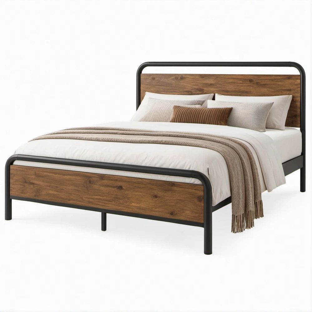 Doppelbett 160 x 200 cm mit Stahlrahmen und Holzdekor in Schwarz/Braun