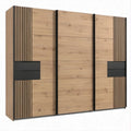 3-türiger Schwebetürenschrank in Eichenholzoptik und Schwarz mit Lamellenfront, 250 x 60 x 215 cm