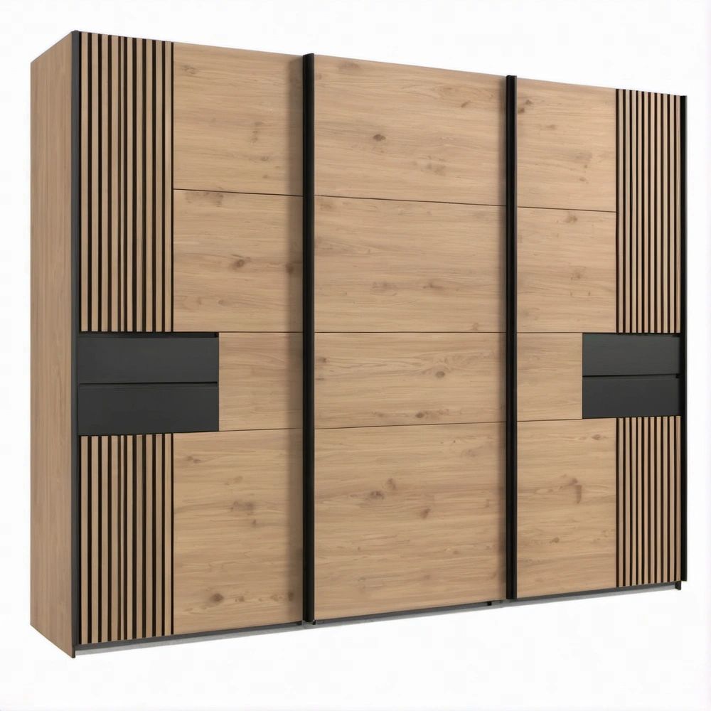 3-türiger Schwebetürenschrank in Eichenholzoptik und Schwarz mit Lamellenfront, 250 x 60 x 215 cm