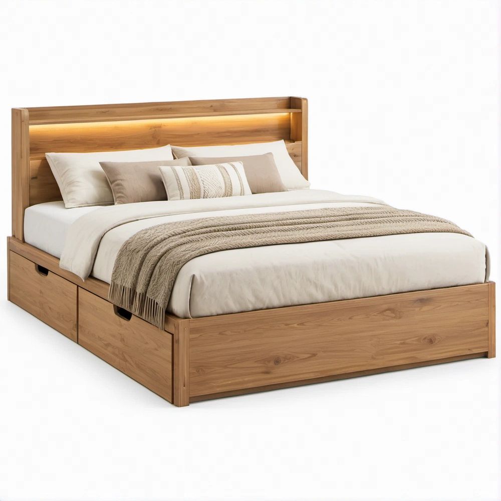 Massivholz-Doppelbett mit 4 Schubladen und LED-Kopfteil, Naturbraun, 180 x 200 cm