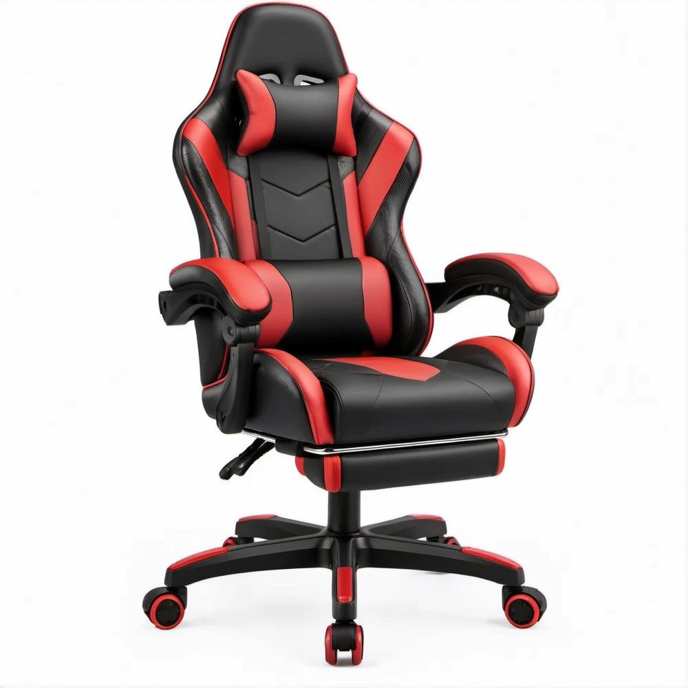 Ergonomischer Gamingstuhl Schwarz/Rot aus PU-Kunstleder mit Fußstütze, 65 x 65 x 111–121 cm