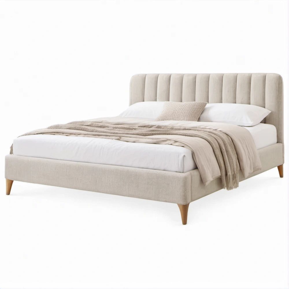 Gepolstertes Doppelbett mit Steppkopfteil, Beige/Naturbraun, Liegefläche 160 x 200 cm