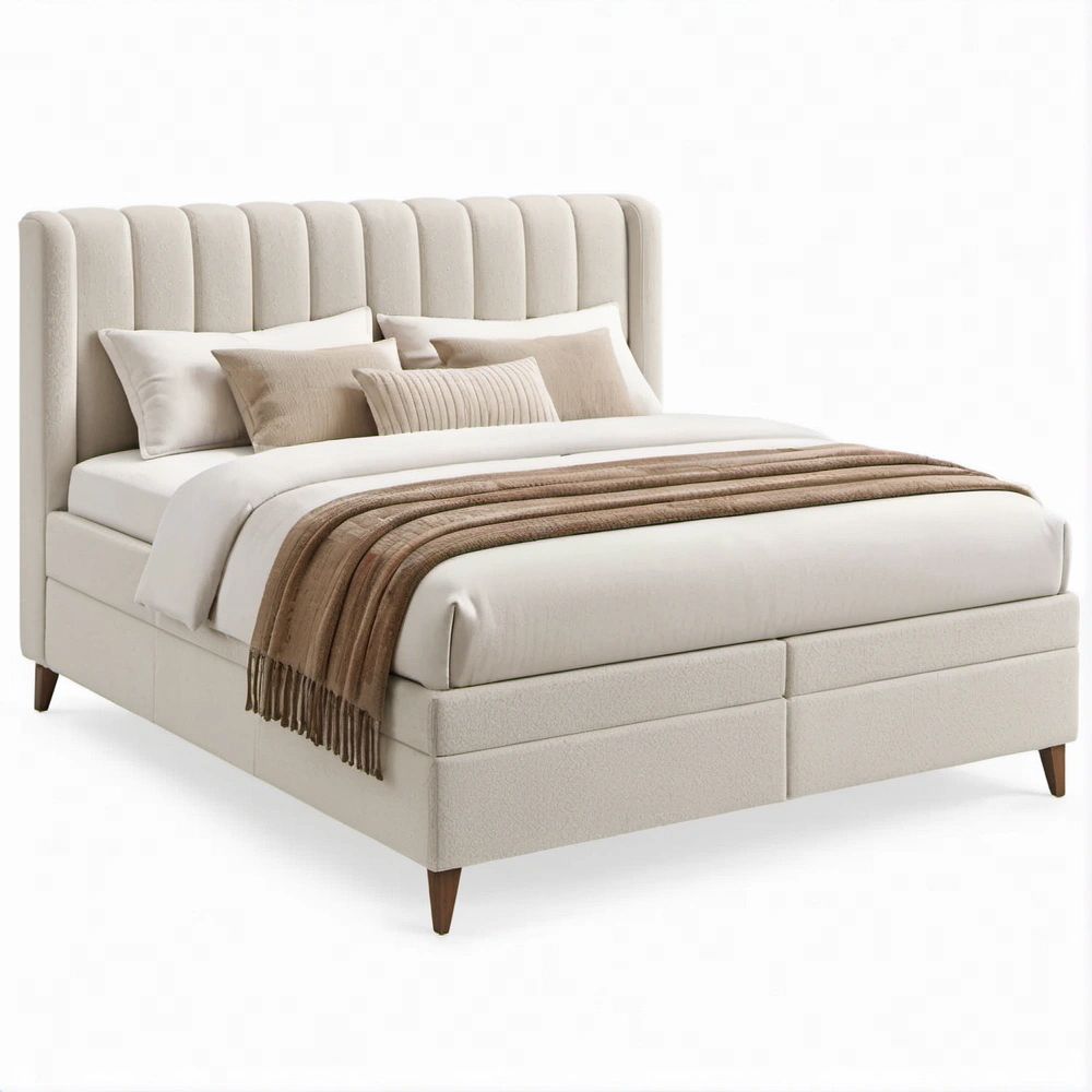 Gepolstertes Bettgestell in Creme mit geripptem Kopfteil, 160 x 200 cm, Gesamtmaß 175 x 215 x 120 cm