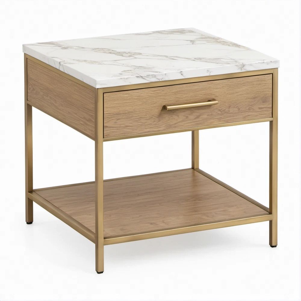 Quadratischer Beistelltisch 60 x 60 x 60 cm in Weiß, Eichefarben und Goldfarben mit Schublade und Ablage