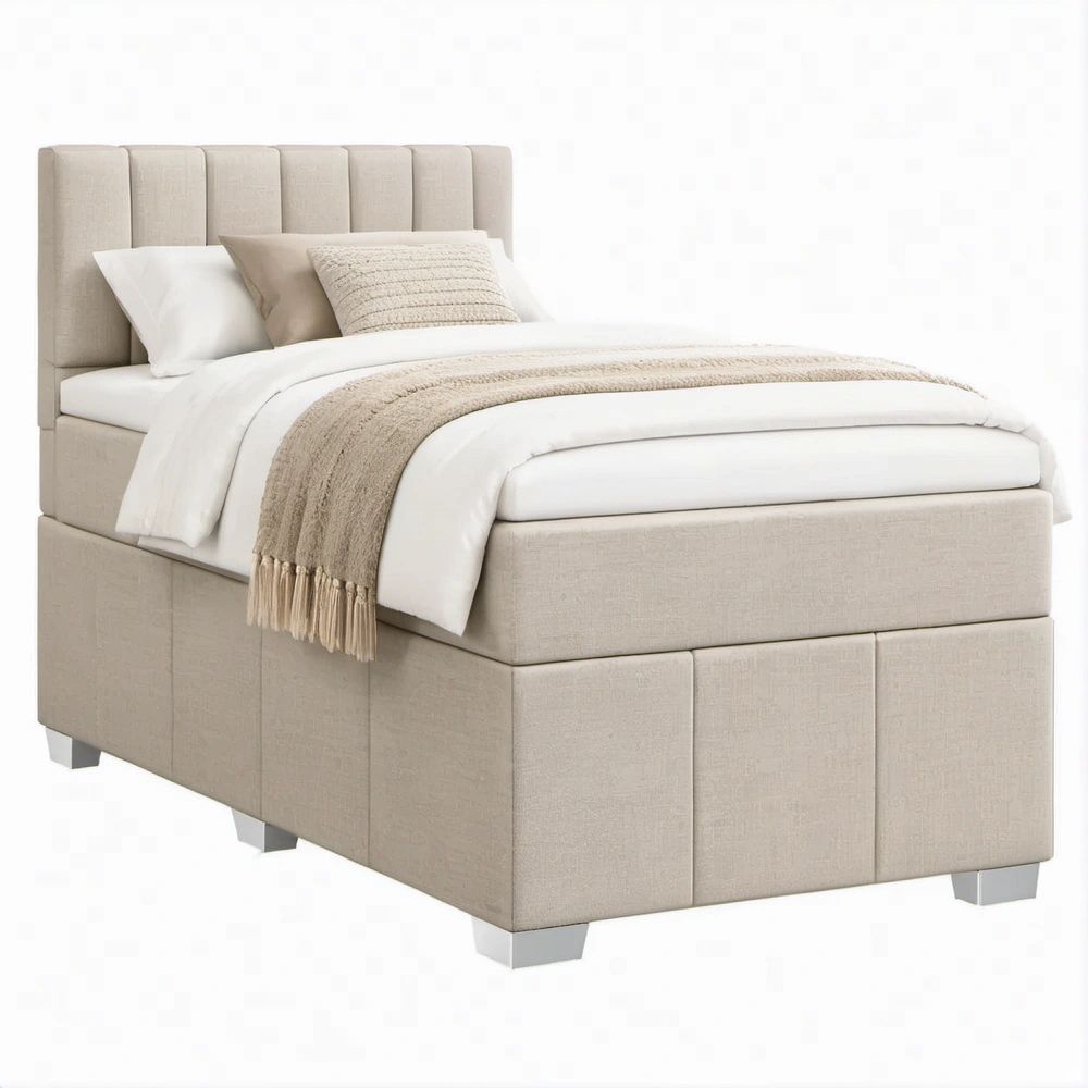 Beiges Boxspringbett mit gepolstertem Kopfteil, 140 x 200 cm