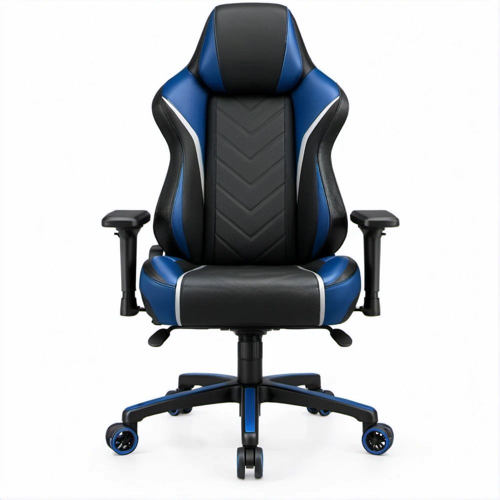 Gamingstuhl mit hoher Rückenlehne, PU-Kunstleder, Blau/Schwarz/Weiß, 65 x 65 x 120–130 cm